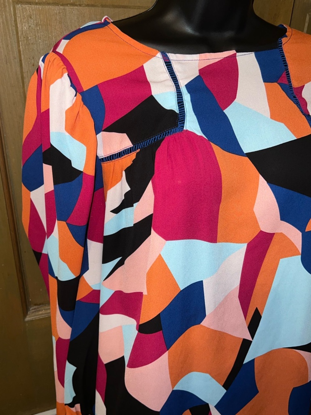 Orange Abstract Retro Multicolor Boho Chic Ruffled Puff Sleeve Blouse Size XL - Picture 8 of 10